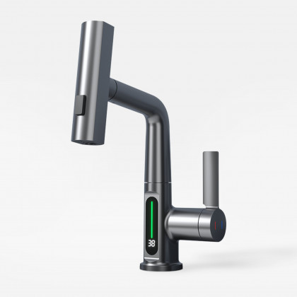 HMR - LED Digital Display Pull-Out Bathroom Faucet with Pull Out Sprayer