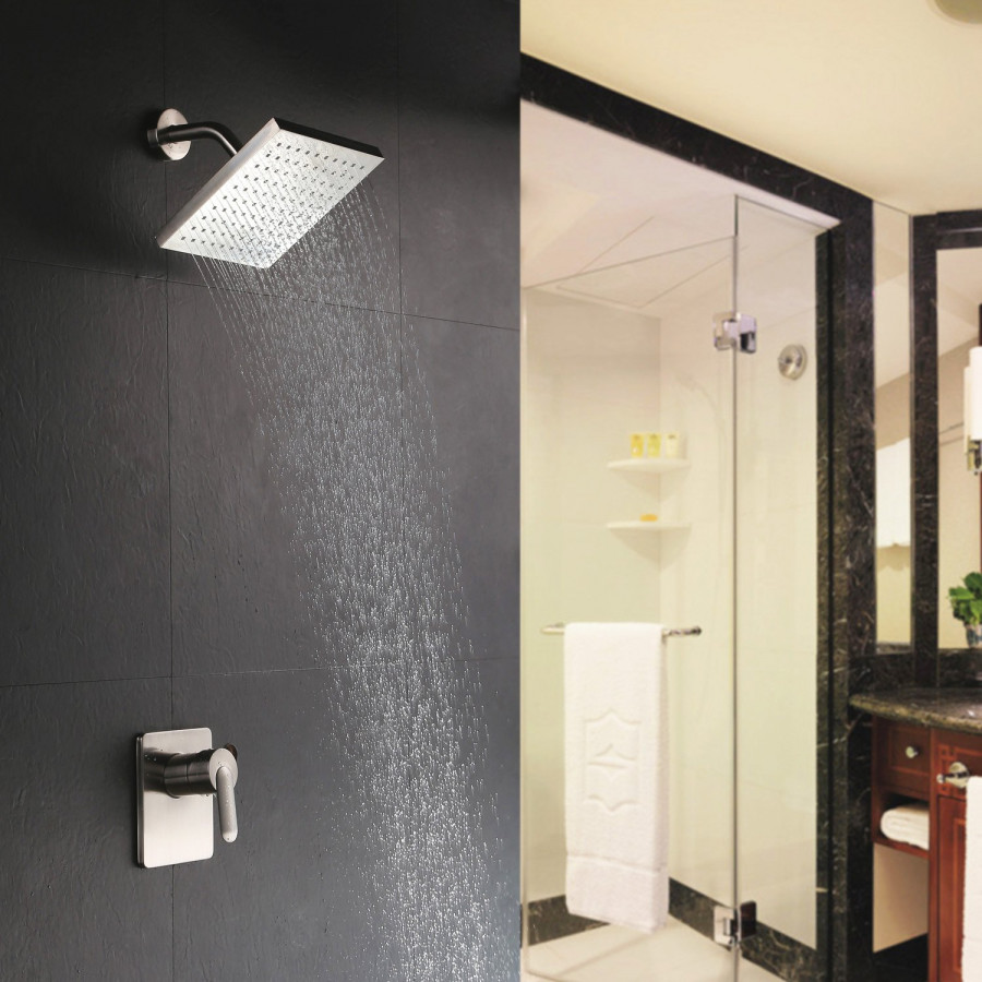 HMR - Modern Square 8" Brass Rainfall Shower Head Wall Mount Rainshower System in Brushed Nick
