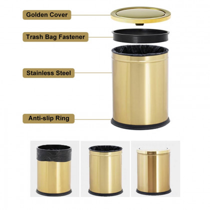 HMR - Gold Round Trash Can Stainless Steel Garbage Can with Swing-Top Lid for Bathroom