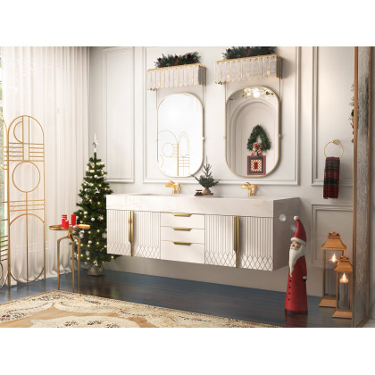 HMR Aro Freestanding Single Sink Bathroom Vanity Drawers Doors Faux Marble Top - White & Gold, Floating / Wall Mounted, Double