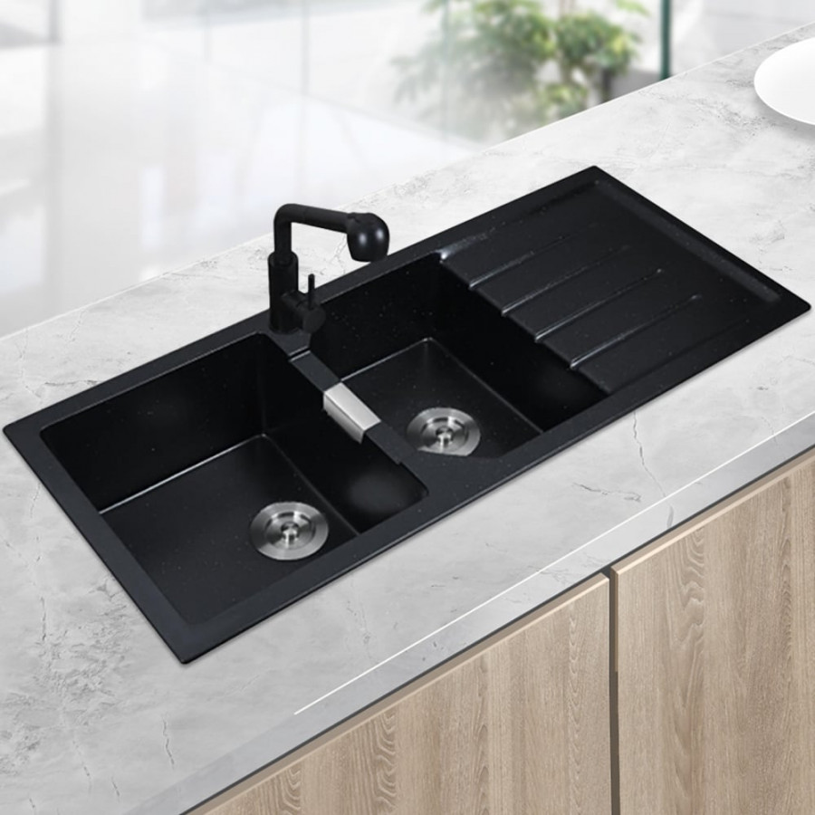 HMR - Black Quartz Kitchen Sink Double Bowl Drop-In Sink with Drain Board