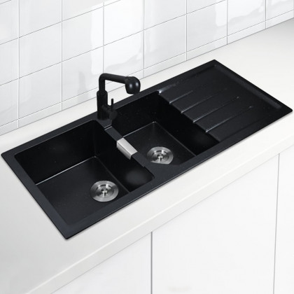 HMR - Black Quartz Kitchen Sink Double Bowl Drop-In Sink with Drain Board