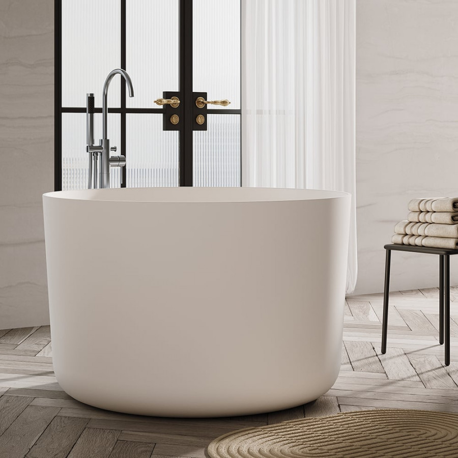 HMR - 41" Japanese Modern Round Freestanding Stone Soaking Bathtub White
