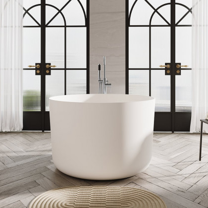 HMR - 41" Japanese Modern Round Freestanding Stone Soaking Bathtub White