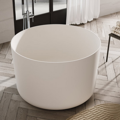 HMR - 41" Japanese Modern Round Freestanding Stone Soaking Bathtub White