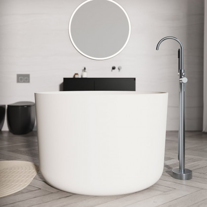 HMR - 41" Japanese Modern Round Freestanding Stone Soaking Bathtub White