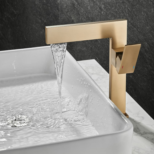 HMR Ultra-Thin Single Handle Waterfall Bathroom Vessel Sink Faucet Solid Brass - Brushed Gold