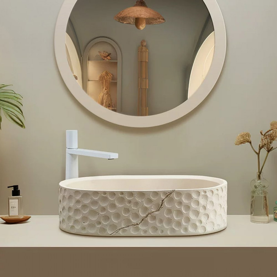 HMR - 25" Stone Resin Oval Vessel Sink Japandi Washbasin