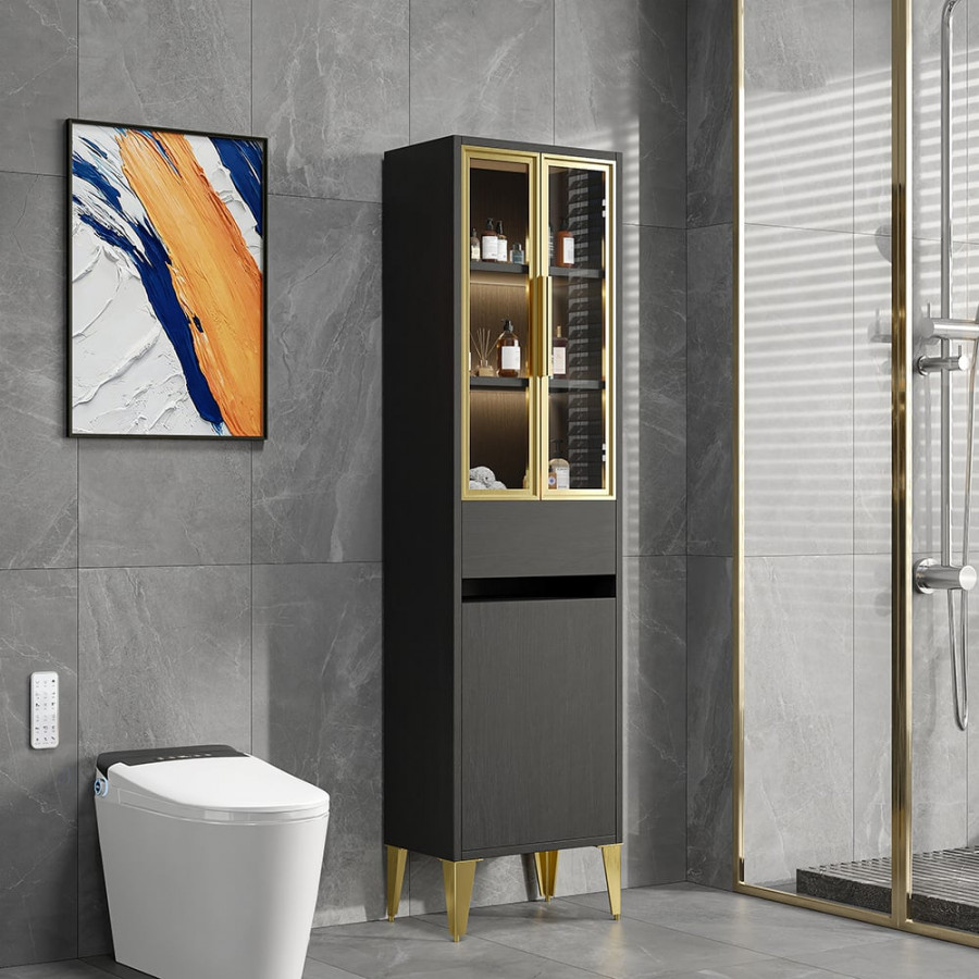 HMR - Freestanding Bathroom Storage Cabinet with LED Lighted in Black & Gold