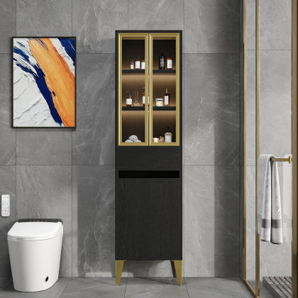 HMR - Freestanding Bathroom Storage Cabinet with LED Lighted in Black & Gold