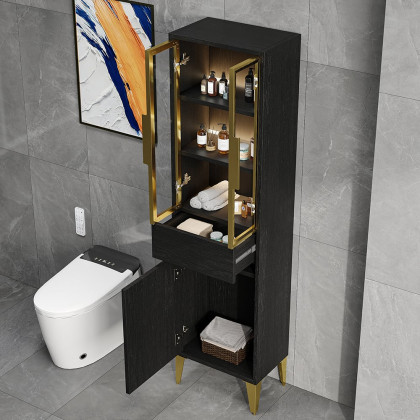 HMR - Freestanding Bathroom Storage Cabinet with LED Lighted in Black & Gold