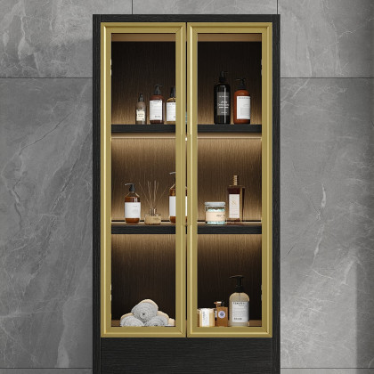HMR - Freestanding Bathroom Storage Cabinet with LED Lighted in Black & Gold