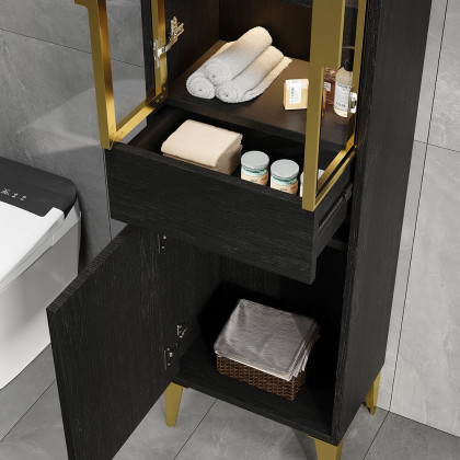HMR - Freestanding Bathroom Storage Cabinet with LED Lighted in Black & Gold