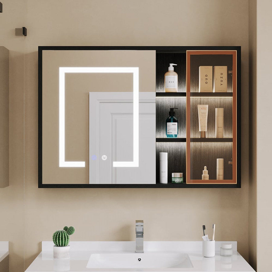 HMR - 40" Black LED Lighted Bathroom Medicine Cabinet Vanity Mirror with Storage & Glass Door