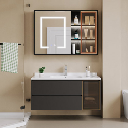 HMR - 40" Black LED Lighted Bathroom Medicine Cabinet Vanity Mirror with Storage & Glass Door