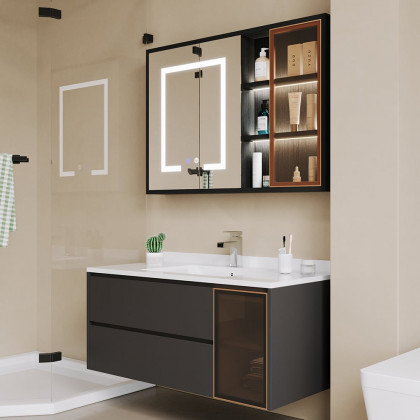 HMR - 40" Black LED Lighted Bathroom Medicine Cabinet Vanity Mirror with Storage & Glass Door