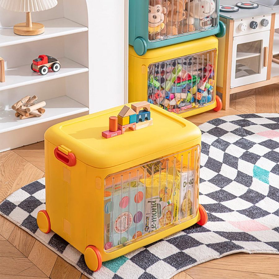 HMR - Yellow Kids Toy Organizer Cart Collapsible Storage Bin with Wheels & Handle