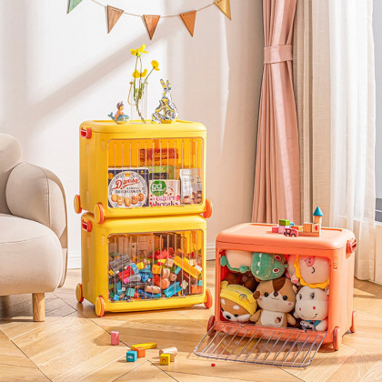 HMR - Yellow Kids Toy Organizer Cart Collapsible Storage Bin with Wheels & Handle