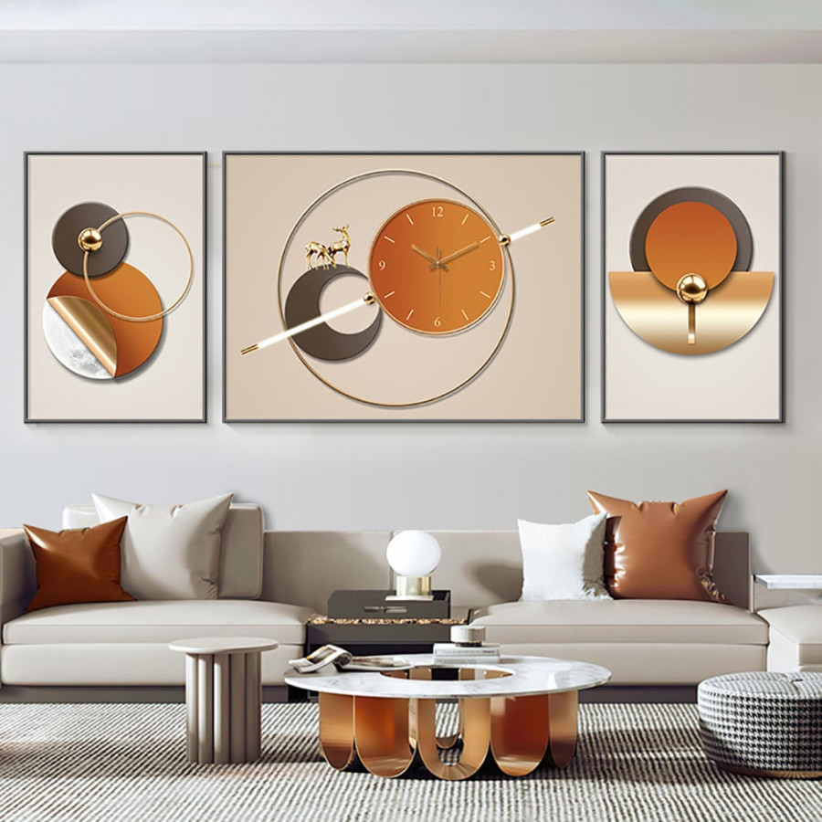 HMR - 3Pcs Geometric Wall Clock Decor Set Modern Canvas Painting Wall Art with Aluminum Frame