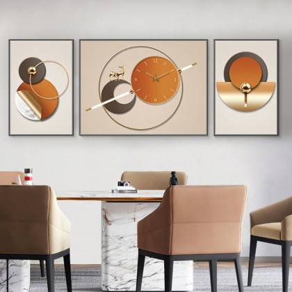 HMR - 3Pcs Geometric Wall Clock Decor Set Modern Canvas Painting Wall Art with Aluminum Frame