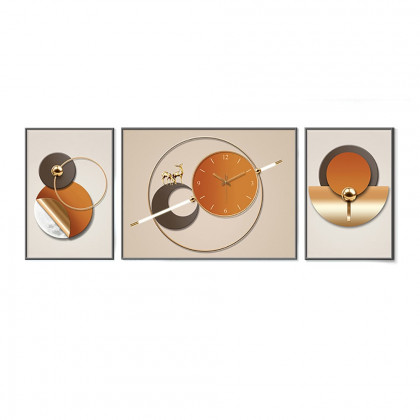 HMR - 3Pcs Geometric Wall Clock Decor Set Modern Canvas Painting Wall Art with Aluminum Frame