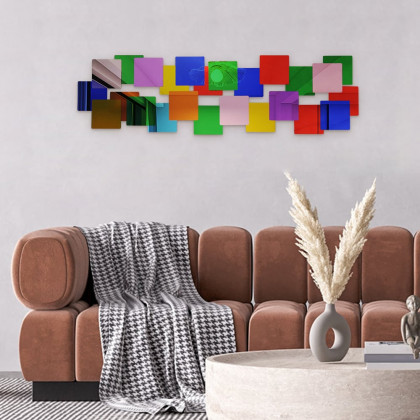 HMR - 30.3" Mirrored Acrylic 3D Multicolor Cubes Wall Art Geometric Square Decor Living Room