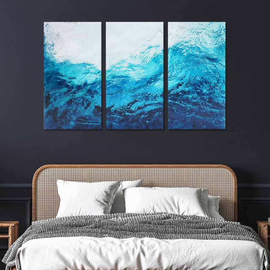 HMR - 3 Pieces Coastal Tempered Glass Wall Art Large Rectangle Ocean Sea Wave Hanging Decor