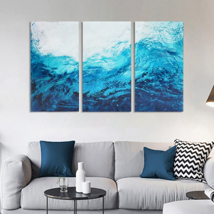 HMR - 3 Pieces Coastal Tempered Glass Wall Art Large Rectangle Ocean Sea Wave Hanging Decor