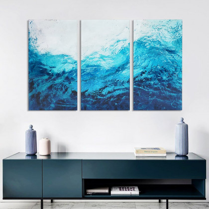 HMR - 3 Pieces Coastal Tempered Glass Wall Art Large Rectangle Ocean Sea Wave Hanging Decor