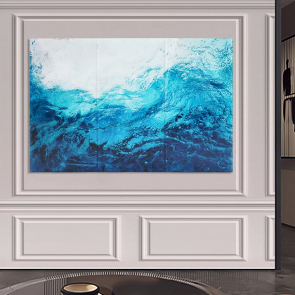 HMR - 3 Pieces Coastal Tempered Glass Wall Art Large Rectangle Ocean Sea Wave Hanging Decor