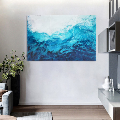 HMR - 3 Pieces Coastal Tempered Glass Wall Art Large Rectangle Ocean Sea Wave Hanging Decor