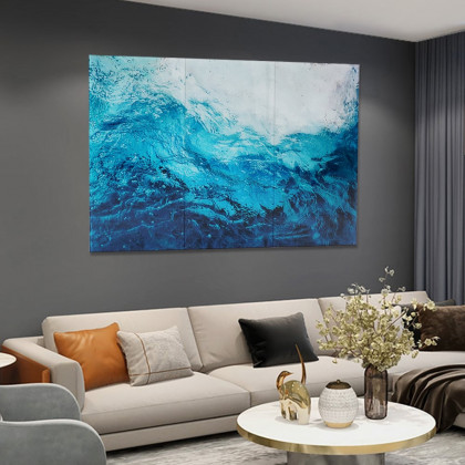 HMR - 3 Pieces Coastal Tempered Glass Wall Art Large Rectangle Ocean Sea Wave Hanging Decor