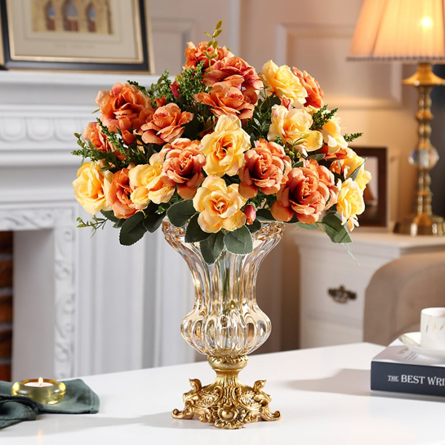 HMR - Retro European Style Golden Crystal Glass Carved Vase Artificial Flowers in Vase Set