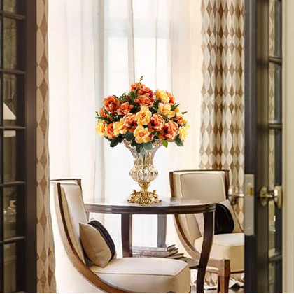 HMR - Retro European Style Golden Crystal Glass Carved Vase Artificial Flowers in Vase Set
