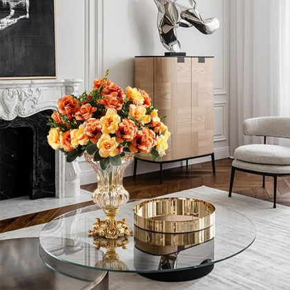 HMR - Retro European Style Golden Crystal Glass Carved Vase Artificial Flowers in Vase Set