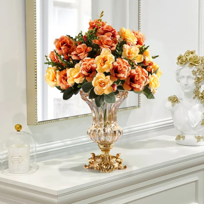 HMR - Retro European Style Golden Crystal Glass Carved Vase Artificial Flowers in Vase Set