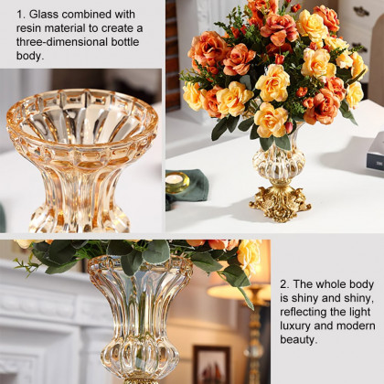 HMR - Retro European Style Golden Crystal Glass Carved Vase Artificial Flowers in Vase Set