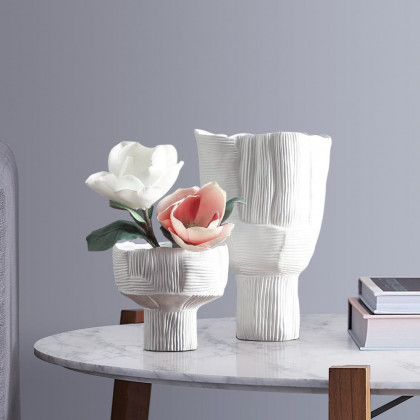 HMR - 2-Pieces Minimalist White Striped Flower Vases Set Resin Vase Decor Living Room Bedroom