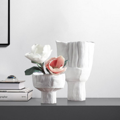 HMR - 2-Pieces Minimalist White Striped Flower Vases Set Resin Vase Decor Living Room Bedroom