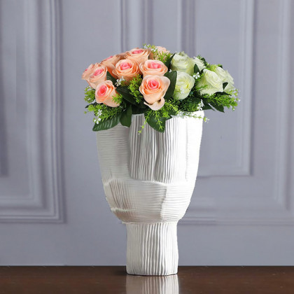 HMR - 2-Pieces Minimalist White Striped Flower Vases Set Resin Vase Decor Living Room Bedroom