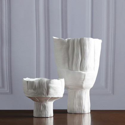 HMR - 2-Pieces Minimalist White Striped Flower Vases Set Resin Vase Decor Living Room Bedroom