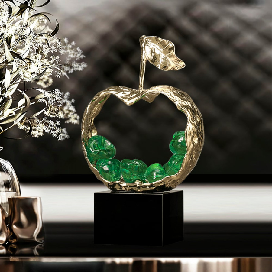 HMR - 8" Green Metal & Resin Abstract Geometric Apple Fruit Sculpture Ornament Desk Decor Art
