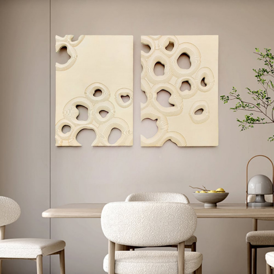 HMR - 2 Pieces 3D Abstract Geometric Carved Wood Wall Art Sculpture Decor Living Room Bedroom