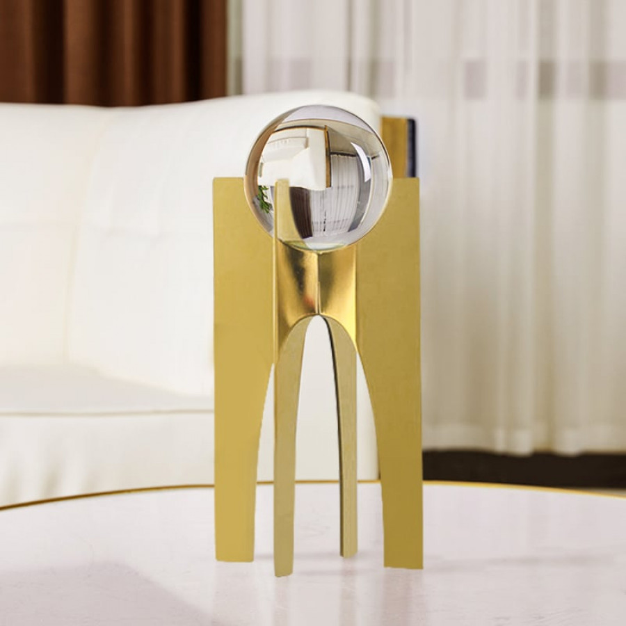 HMR - Modern Round Crystal Ball Ornament with Gold Stand Home Decor Art Desk Figurine Object