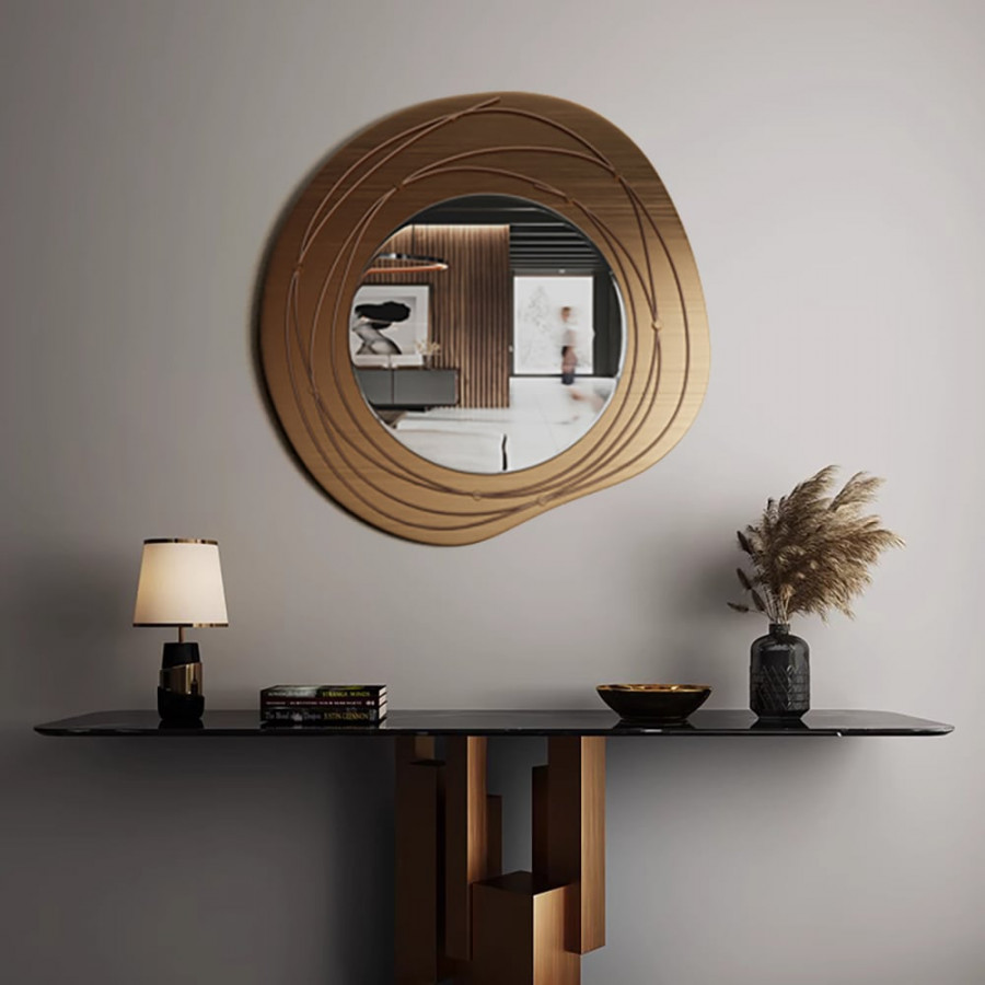 HMR - 31.5" Gold Framed Metal Round Wall Mirror with Abstract Lines Decoration