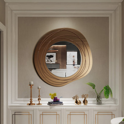 HMR - 31.5" Gold Framed Metal Round Wall Mirror with Abstract Lines Decoration