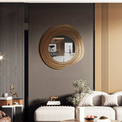 HMR - 31.5" Gold Framed Metal Round Wall Mirror with Abstract Lines Decoration