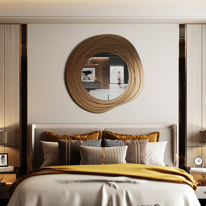 HMR - 31.5" Gold Framed Metal Round Wall Mirror with Abstract Lines Decoration