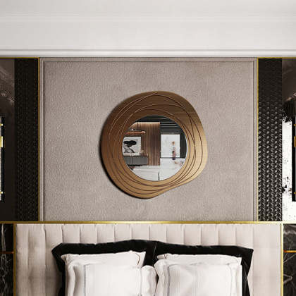 HMR - 31.5" Gold Framed Metal Round Wall Mirror with Abstract Lines Decoration