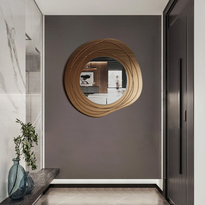 HMR - 31.5" Gold Framed Metal Round Wall Mirror with Abstract Lines Decoration
